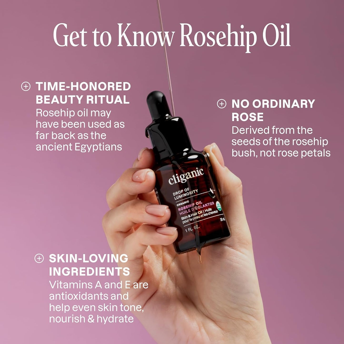 Organic Rosehip Seed Oil for Face, 100% Pure | Natural Cold Pressed Unrefined Non-Gmo | Carrier Oil for Skin, Hair & Nails (Packaging May Vary)