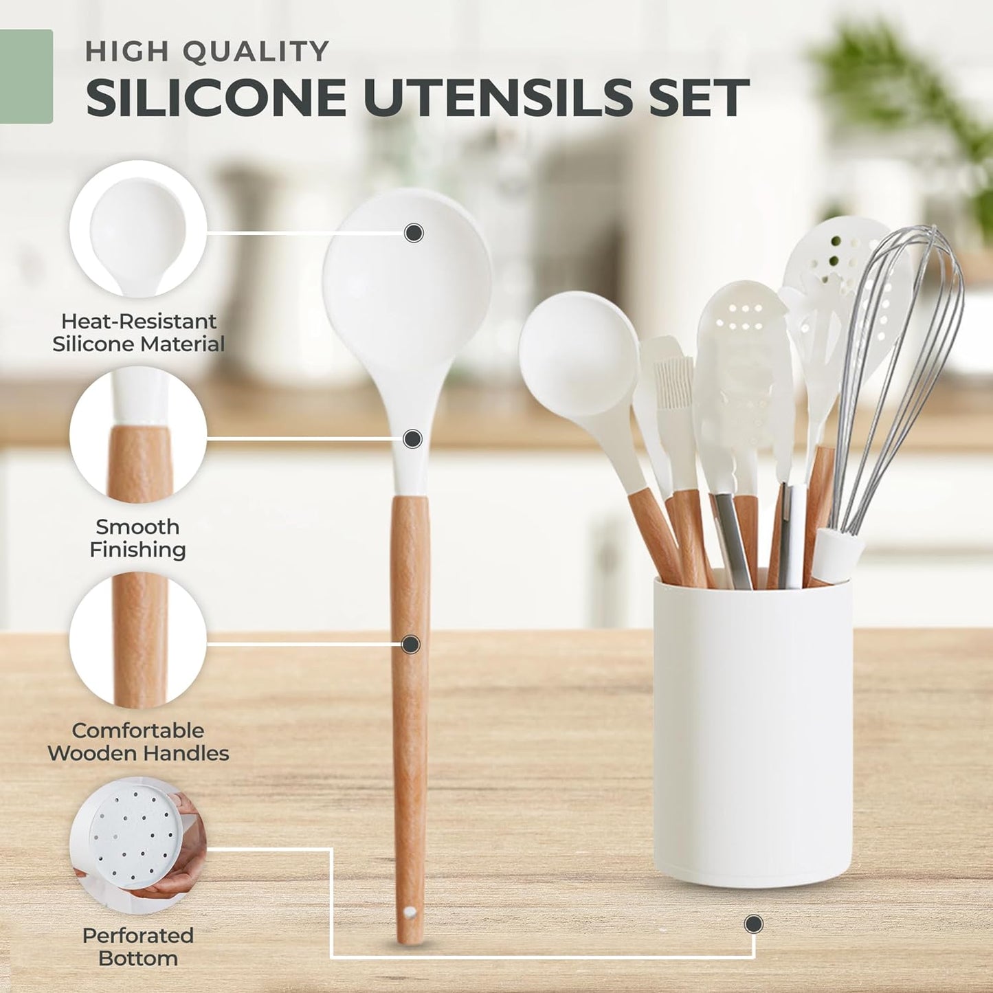 Silicone Cooking Utensils Set White–11Pcs Silicone Spatula Sets for Cooking | Kitchenware Set, Bpa-Free Kitchen Utensils Set, White Spatula Set | Non Toxic Cooking Utensils Set with Utensil Holder