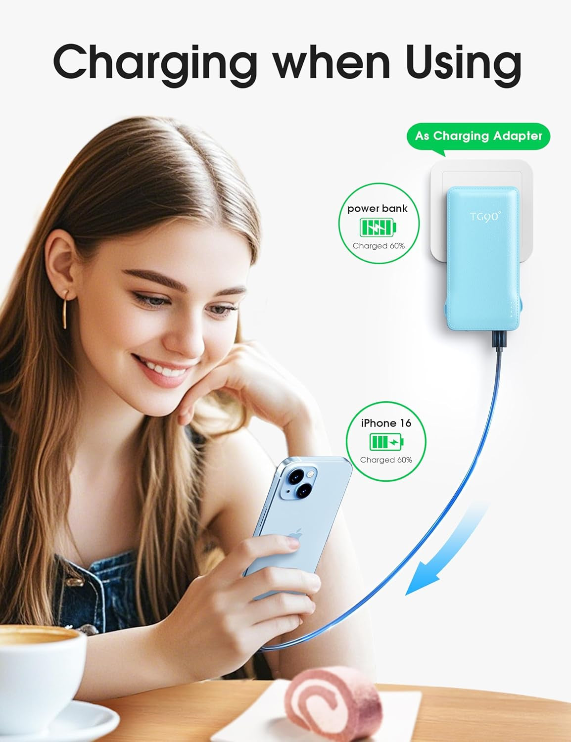 2 Pack 10000Mah Power Bank Built-In Foldable AC Wall Plug and Cables,Ultra Slim Compact Cell Phone Fast Charger,External Battery Pack Compatible with Iphone and Android Devices,Black & Blue