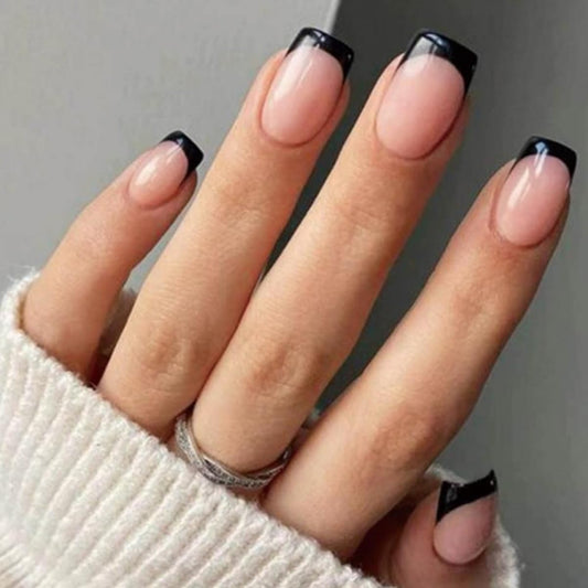 French Tip Press on Nails - Square Short Medium Black Pink Fake Nails for Women - Cute Fantasy Glue on Acrylic Gel Stick on False Nails for Wedding Birthday