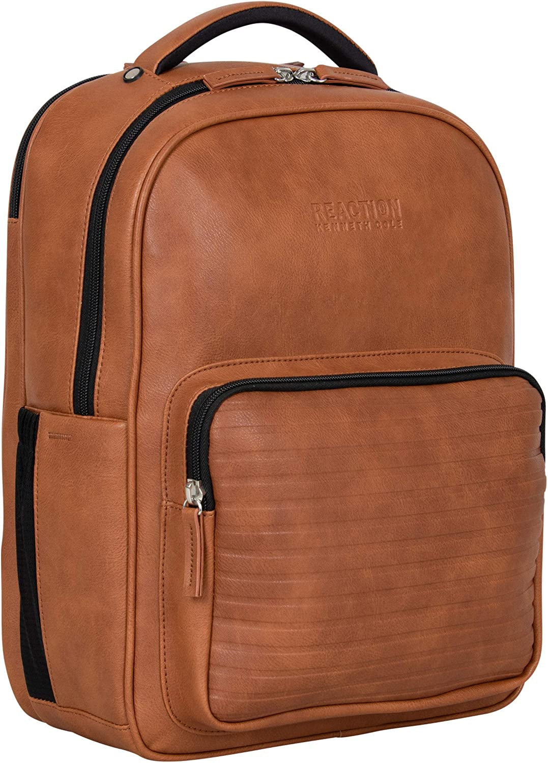Reaction on Track Pack Vegan Leather 15.6” Laptop & Tablet Bookbag Travel Backpack with Anti-Theft RFID for High School, Work, & Travel, Cognac