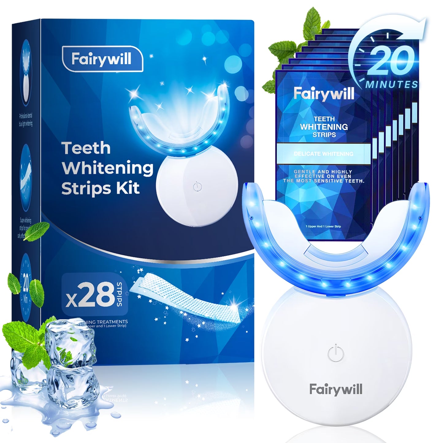 Teeth Whitening Strip Kits, 16Min Rapid White Rechargeable Teeth Whitener Case,24Pcs LED Blue Light and 28 White Strips for Sensitive Teeth