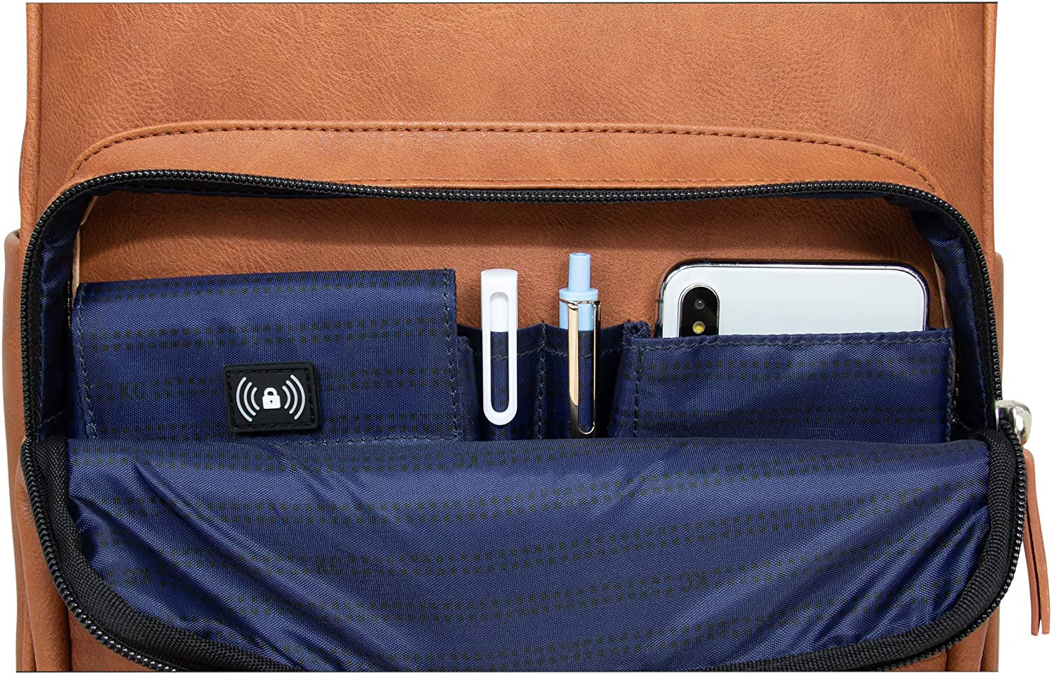 Reaction on Track Pack Vegan Leather 15.6” Laptop & Tablet Bookbag Travel Backpack with Anti-Theft RFID for High School, Work, & Travel, Cognac