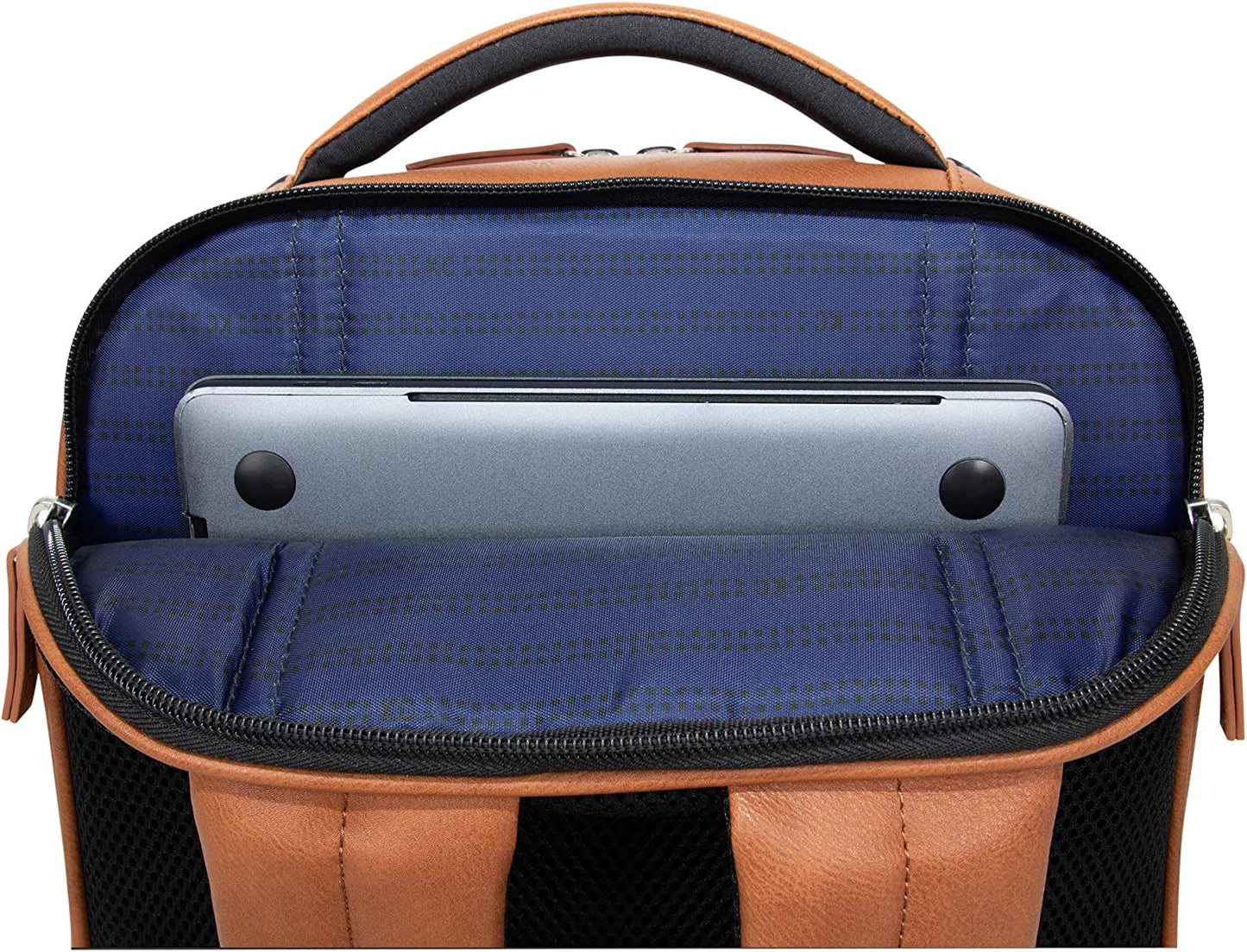 Reaction on Track Pack Vegan Leather 15.6” Laptop & Tablet Bookbag Travel Backpack with Anti-Theft RFID for High School, Work, & Travel, Cognac